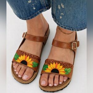 Handmade Mexican Leather Sunflower Sandals Boho Embroidered Size 10